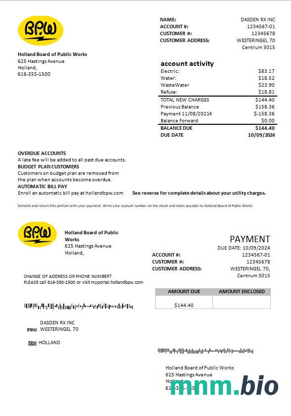 Holandia BPW rachunek za usługi komunalne szablon w formacie Word i PDF